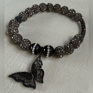 🦋 Black and Silver toned Beaded Bracelet with Butterfly Charm